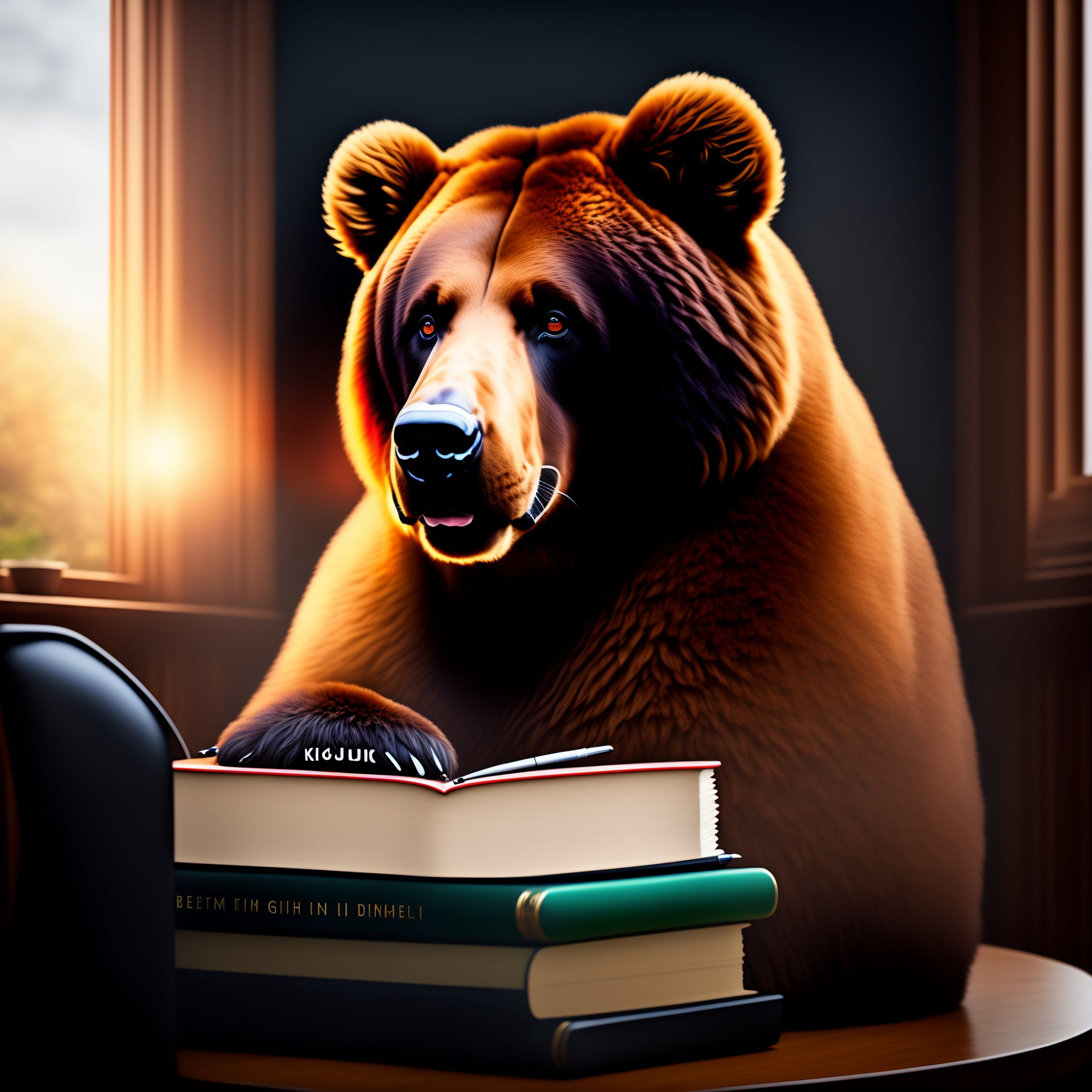 A large, furry brown bear with a writing pen in his hands and a critical look on his face. His black muzzle is slightly raised in what could be either a
