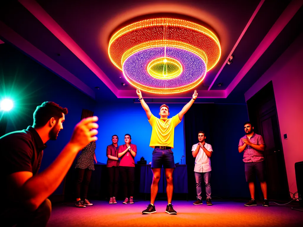 Group of people arguing in a room with a colorful wimpel hanging from the ceiling Group of people arguing in a room with a colorful wimpel hanging from the ceiling